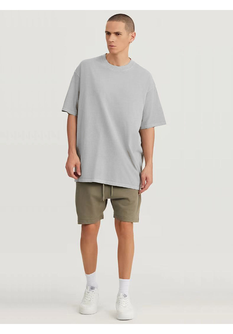 Crew Neck; 280g Heavyweight Dropped Shoulder Men's Short Sleeve Washed Loose Version 2025 New Hot Sale Street Fashion Student Couple Half Sleeve