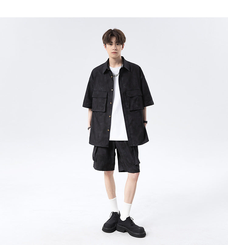 Shazha dye short-sleeved shirt with collar shorts two-piece suit for men, American retro loose casual plus size five-point shorts suit