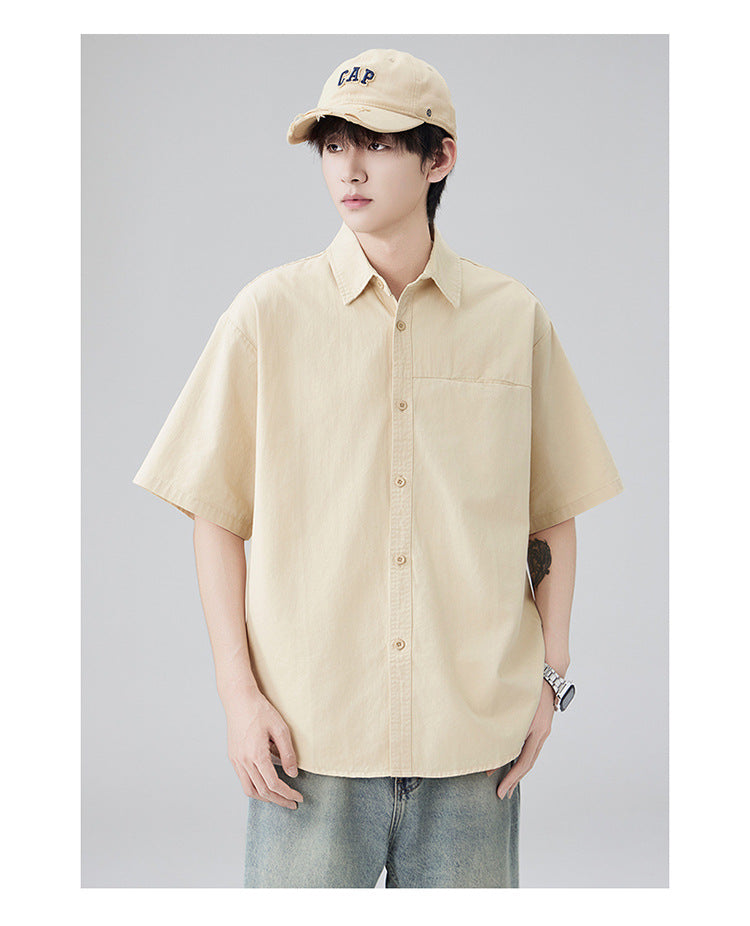 Japanese workwear short-sleeved shirt for men, pure cotton loose mountain style outdoor casual shirt for summer