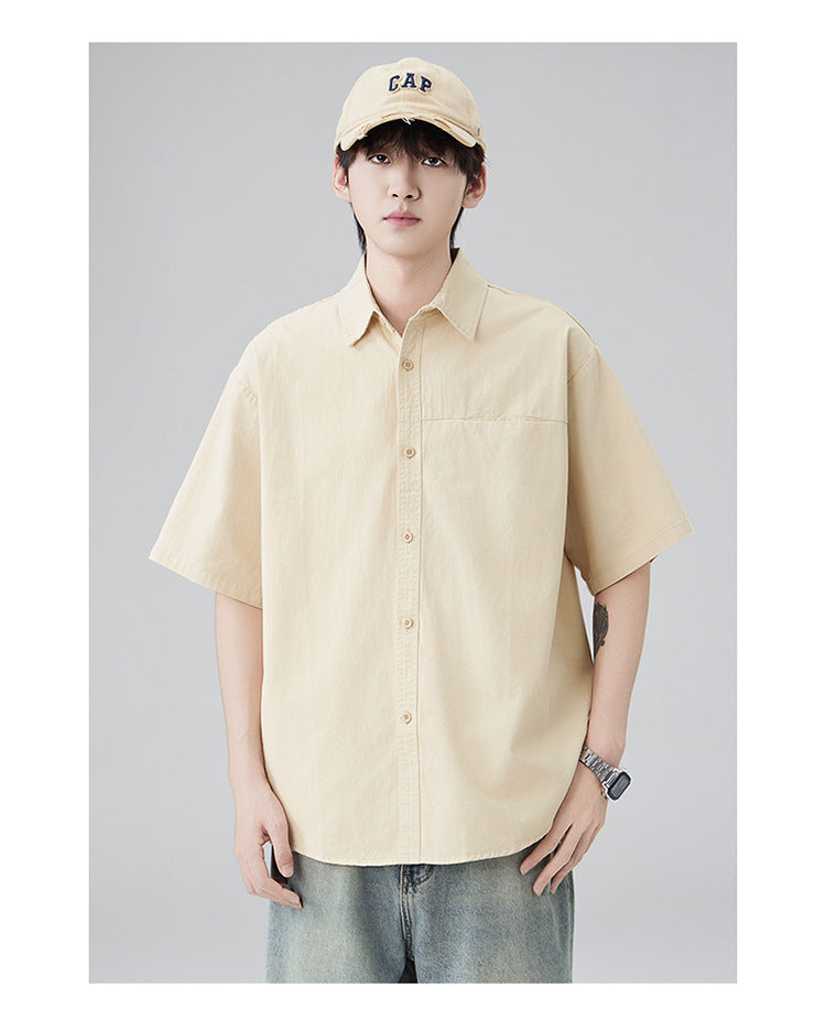 Japanese workwear short-sleeved shirt for men, pure cotton loose mountain style outdoor casual shirt for summer
