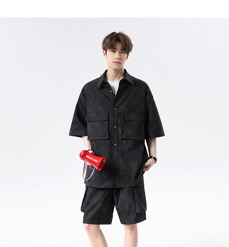 Shazha dye short-sleeved shirt with collar shorts two-piece suit for men, American retro loose casual plus size five-point shorts suit