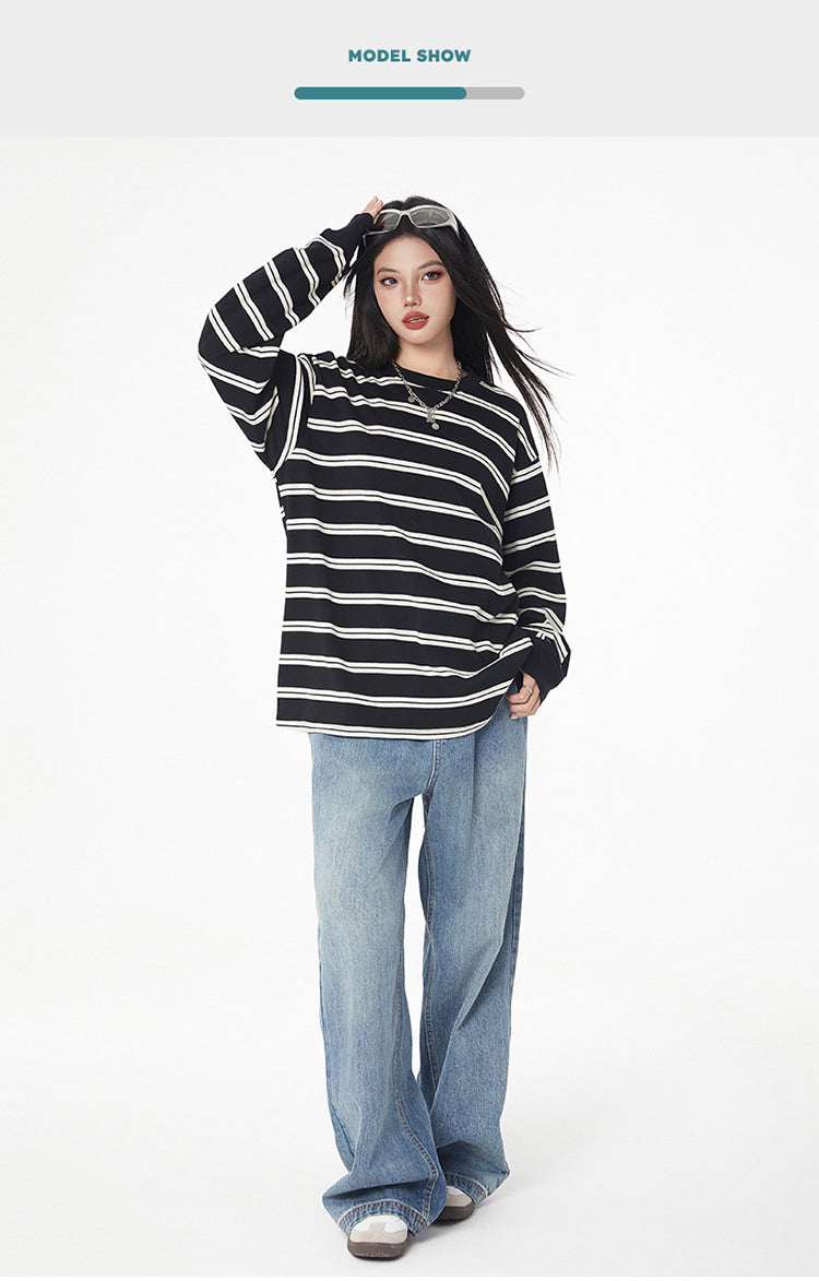 Black and White Striped Long Sleeve T-Shirt Trendy Simple Fashion Base Layer for Couples Loose Top for Basic T Versatile 2025 Hot Style