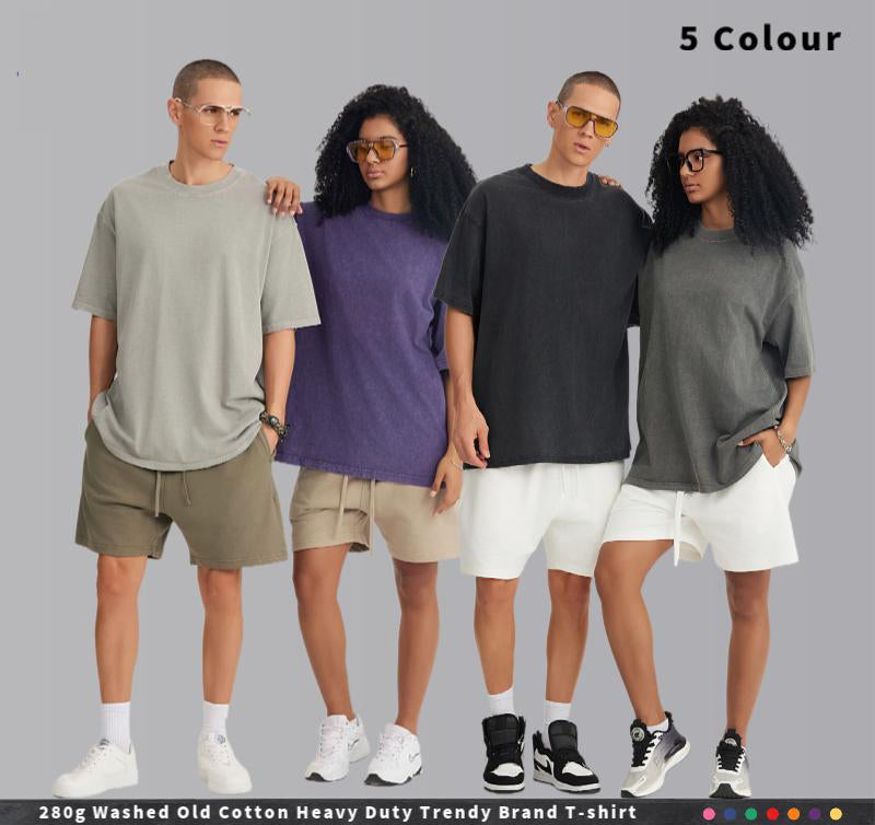 Crew Neck; 280g Heavyweight Dropped Shoulder Men's Short Sleeve Washed Loose Version 2025 New Hot Sale Street Fashion Student Couple Half Sleeve