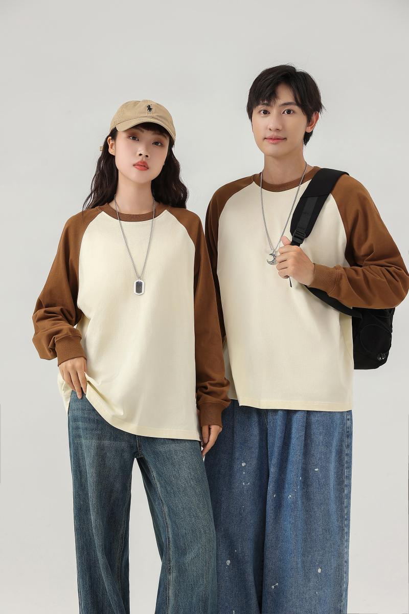 Contrast Shoulder Long Sleeve; 260g Heavyweight Dropped Shoulder T-Shirt Fashion Trendy Student Couple Style Loose American Style Hot Selling Top
