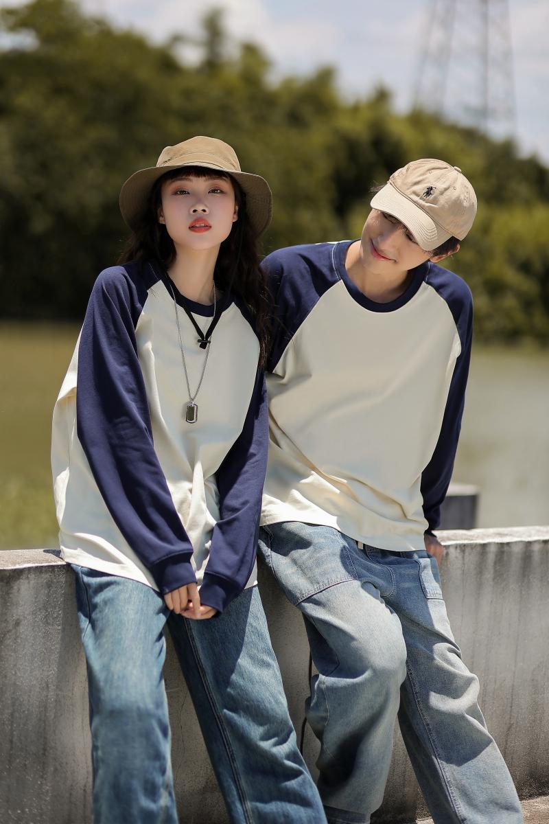 Contrast Shoulder Long Sleeve; 260g Heavyweight Dropped Shoulder T-Shirt Fashion Trendy Student Couple Style Loose American Style Hot Selling Top