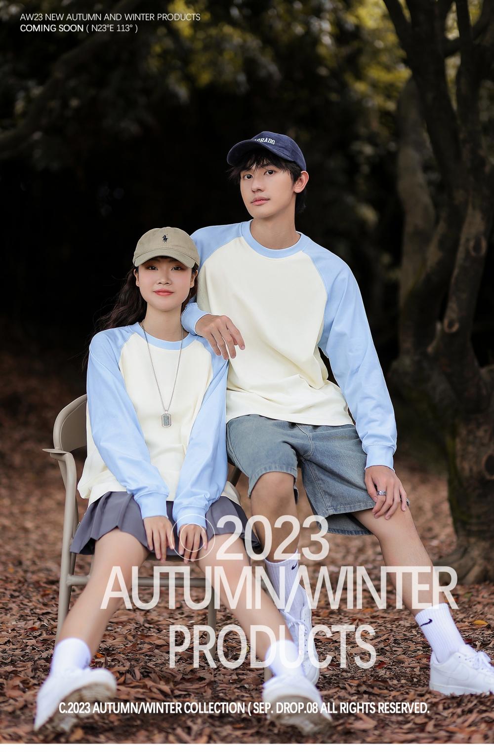Contrast Shoulder Long Sleeve; 260g Heavyweight Dropped Shoulder T-Shirt Fashion Trendy Student Couple Style Loose American Style Hot Selling Top