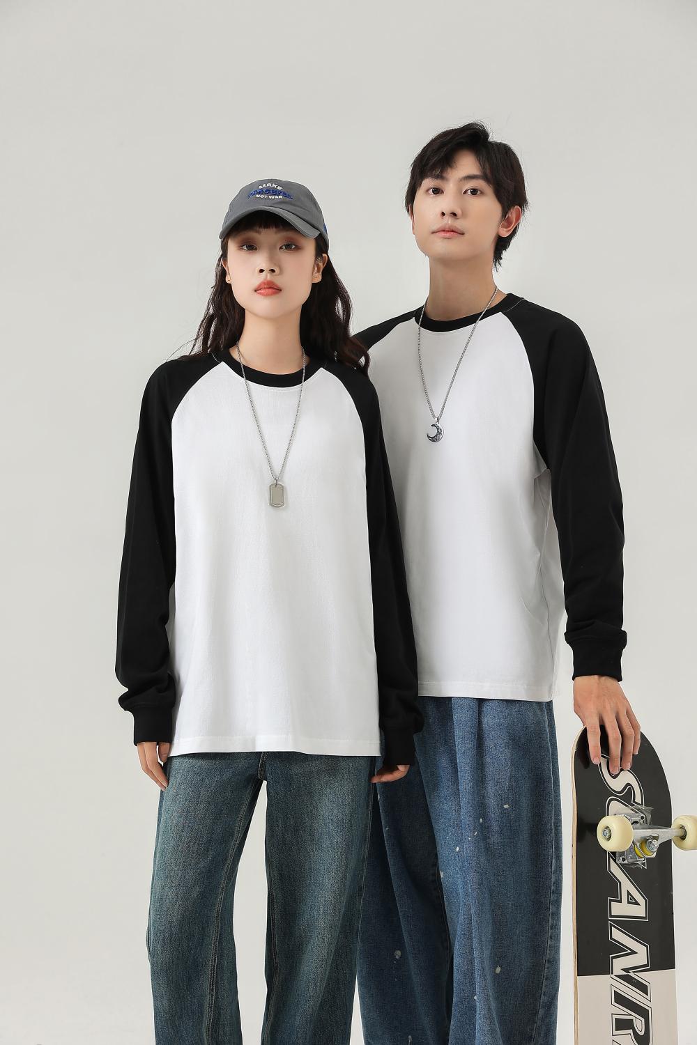 Contrast Shoulder Long Sleeve; 260g Heavyweight Dropped Shoulder T-Shirt Fashion Trendy Student Couple Style Loose American Style Hot Selling Top