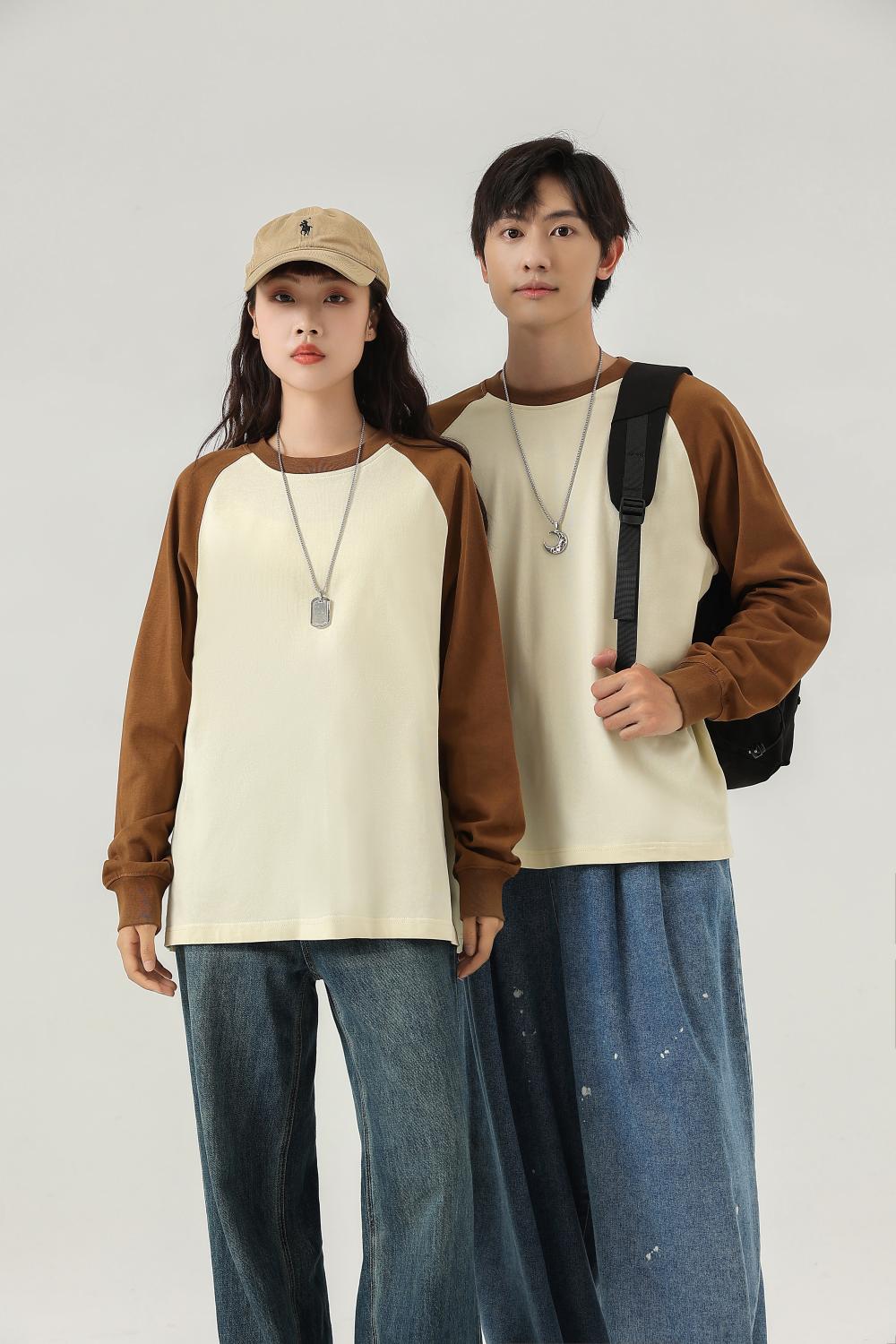 Contrast Shoulder Long Sleeve; 260g Heavyweight Dropped Shoulder T-Shirt Fashion Trendy Student Couple Style Loose American Style Hot Selling Top