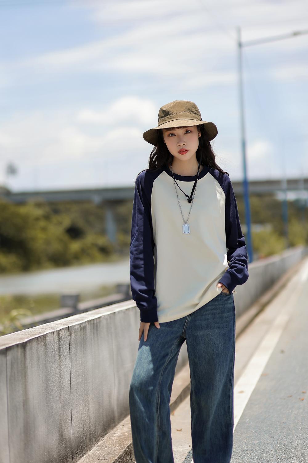 Contrast Shoulder Long Sleeve; 260g Heavyweight Dropped Shoulder T-Shirt Fashion Trendy Student Couple Style Loose American Style Hot Selling Top