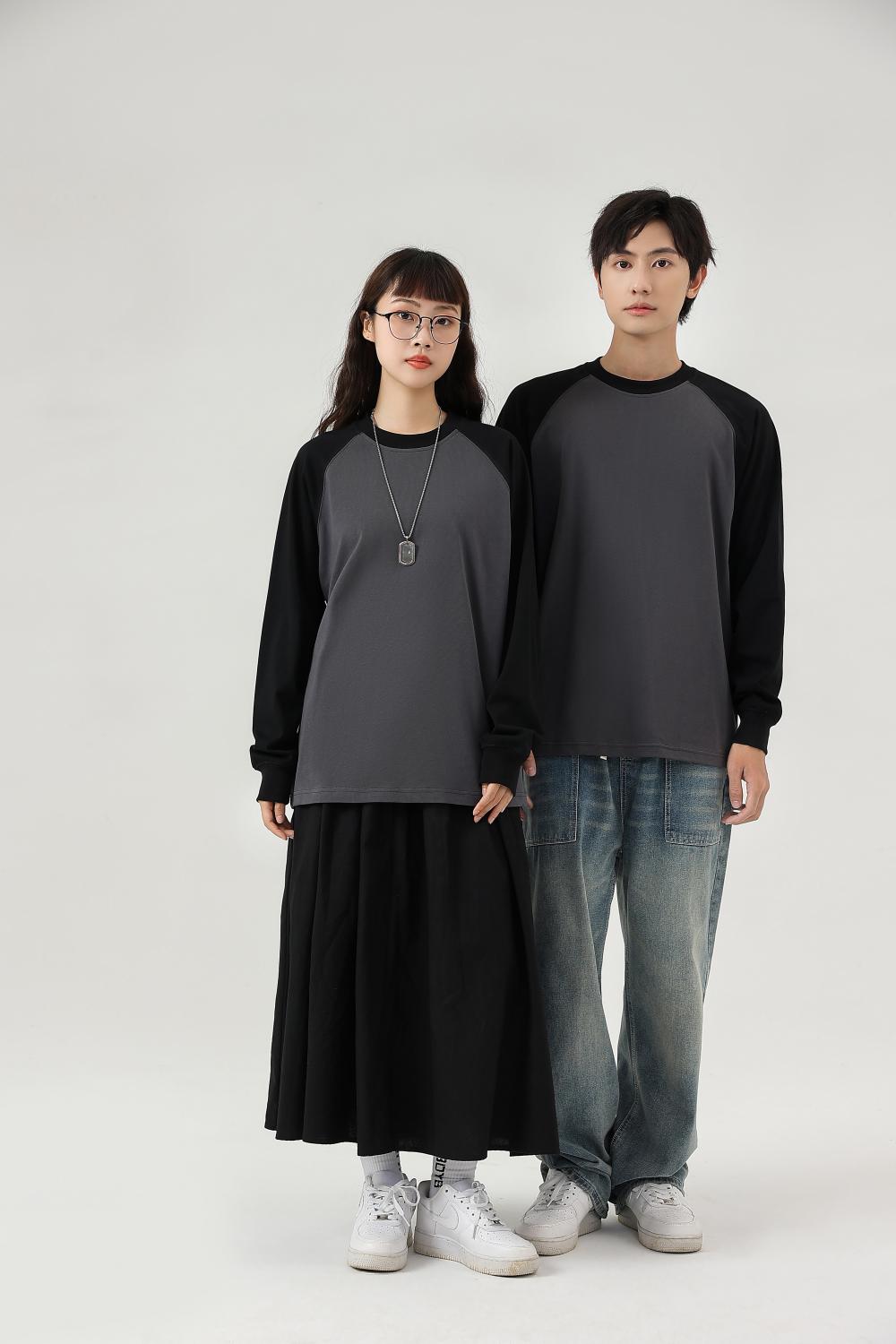 Contrast Shoulder Long Sleeve; 260g Heavyweight Dropped Shoulder T-Shirt Fashion Trendy Student Couple Style Loose American Style Hot Selling Top