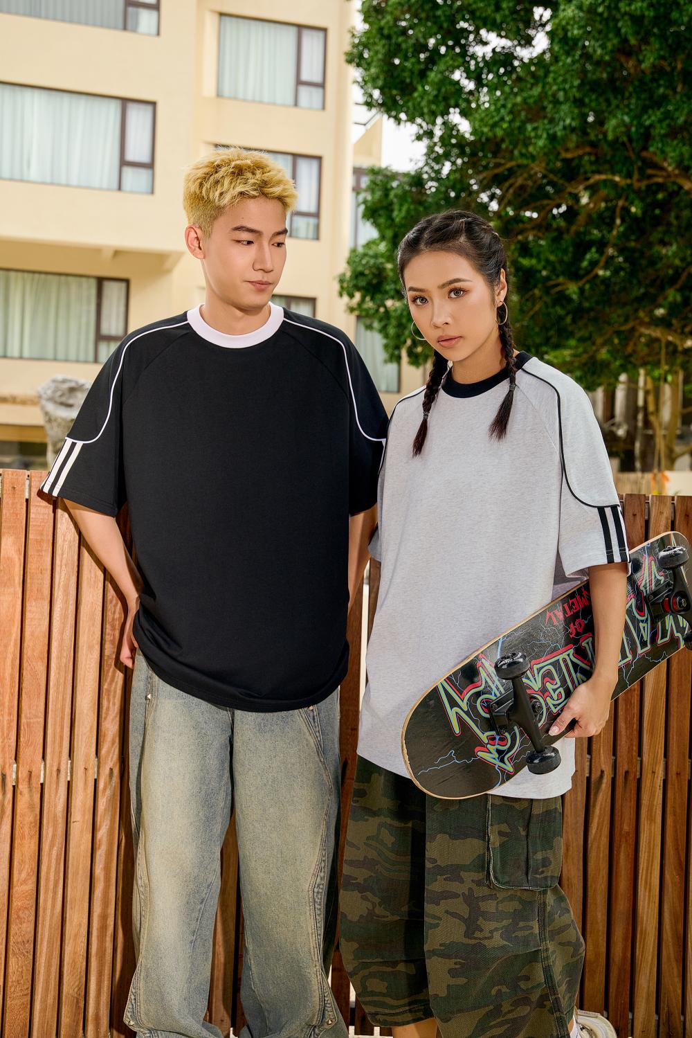 2025 Spring/Summer 240g 32-color contrasting jacquard rope woven strap pull tab, oversized, halfsleeve, round-neck, casual, streetwear, youth fashion T-shirt.