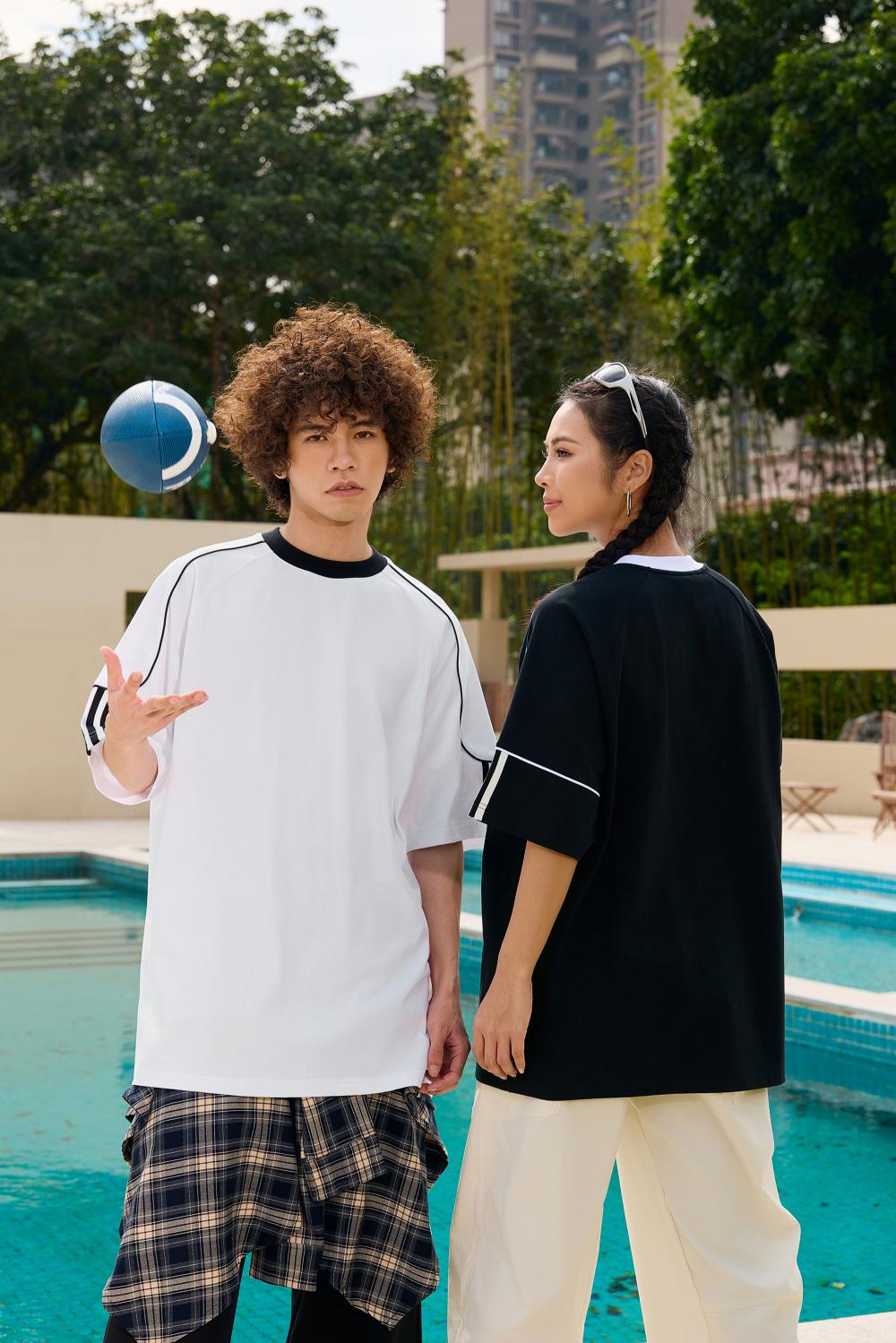 2025 Spring/Summer 240g 32-color contrasting jacquard rope woven strap pull tab, oversized, halfsleeve, round-neck, casual, streetwear, youth fashion T-shirt.