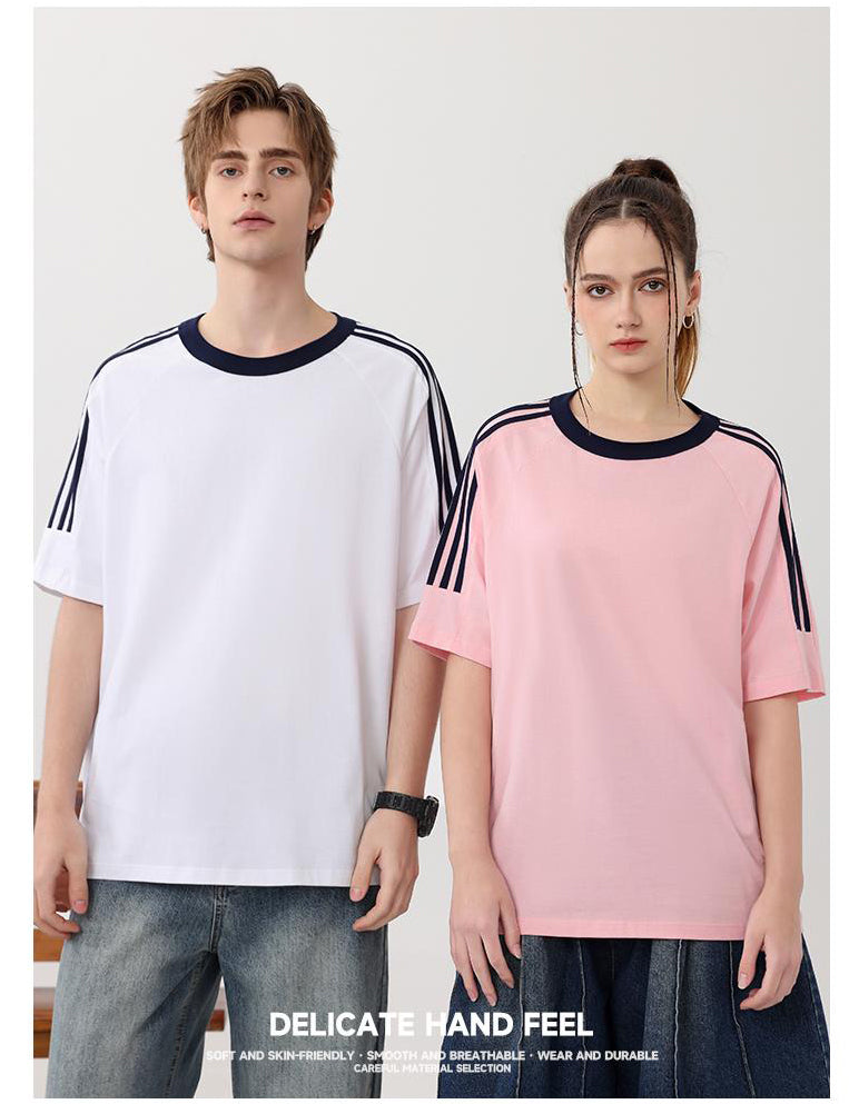 Adult/Child Parent-Child Matching Clothes, Round Neck Short Sleeve 2025 Spring/Summer 200g 00% Pure Cotton Dropped Shoulder Street Trend Three-Bar T-Shirt