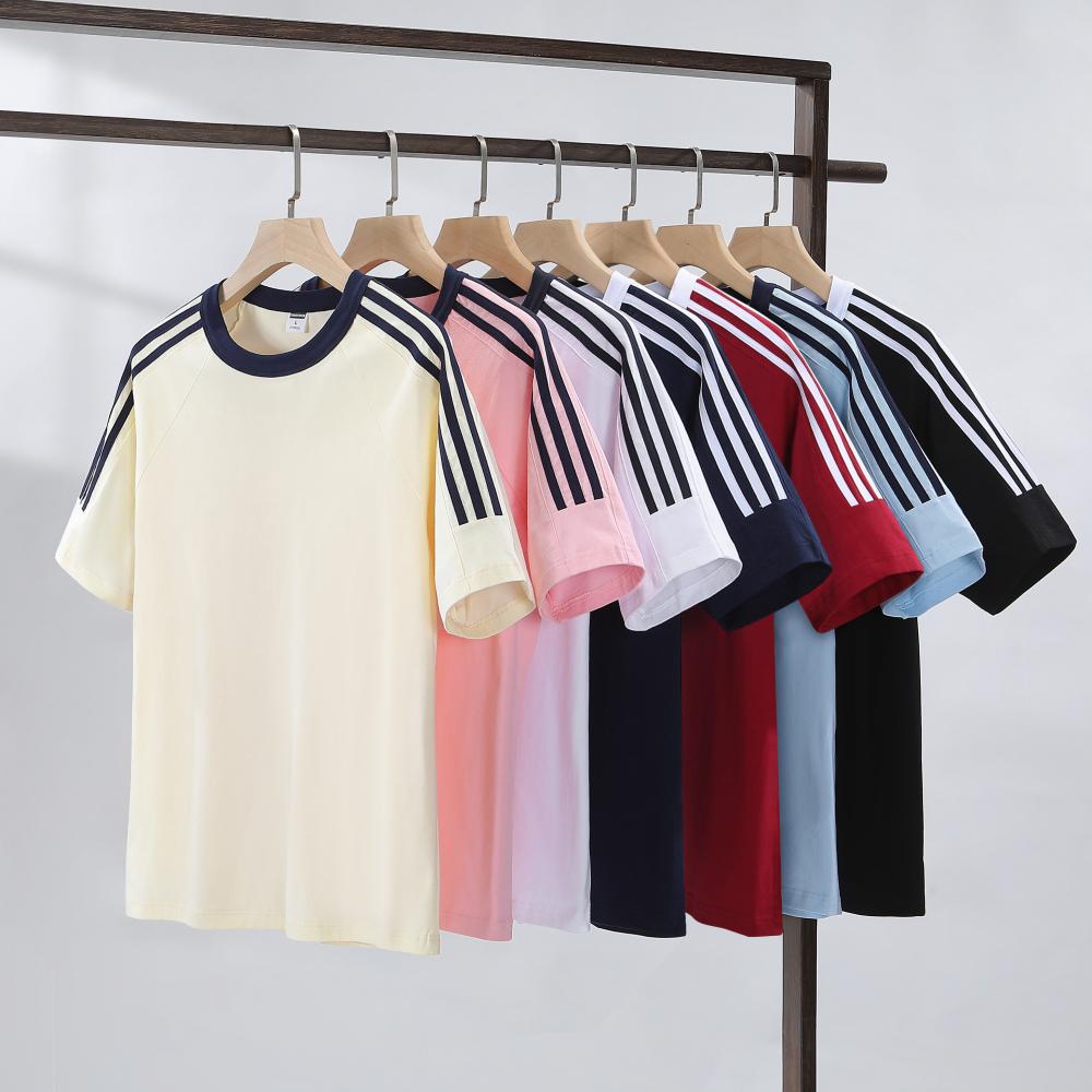 Adult/Child Parent-Child Matching Clothes, Round Neck Short Sleeve 2025 Spring/Summer 200g 00% Pure Cotton Dropped Shoulder Street Trend Three-Bar T-Shirt
