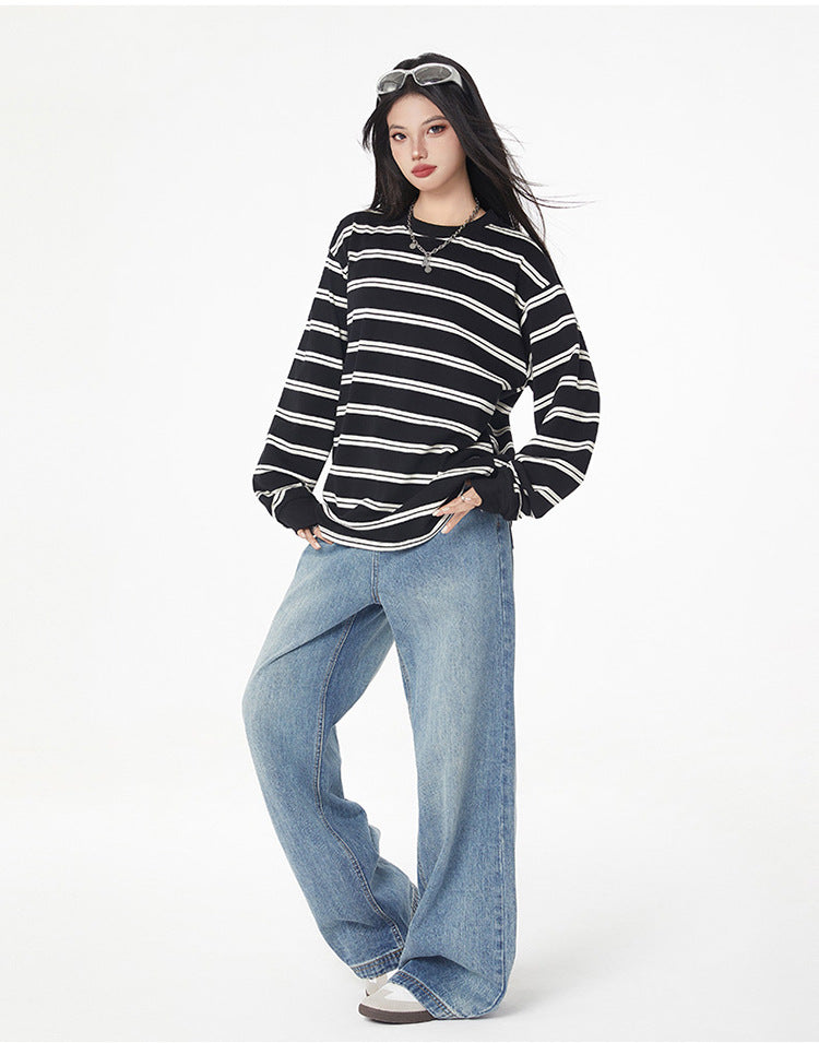 Black and White Striped Long Sleeve T-Shirt Trendy Simple Fashion Base Layer for Couples Loose Top for Basic T Versatile 2025 Hot Style