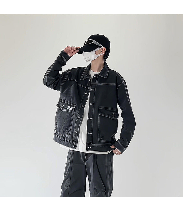 American street fashion trend simple washed denim jacket for men and women retro casual.