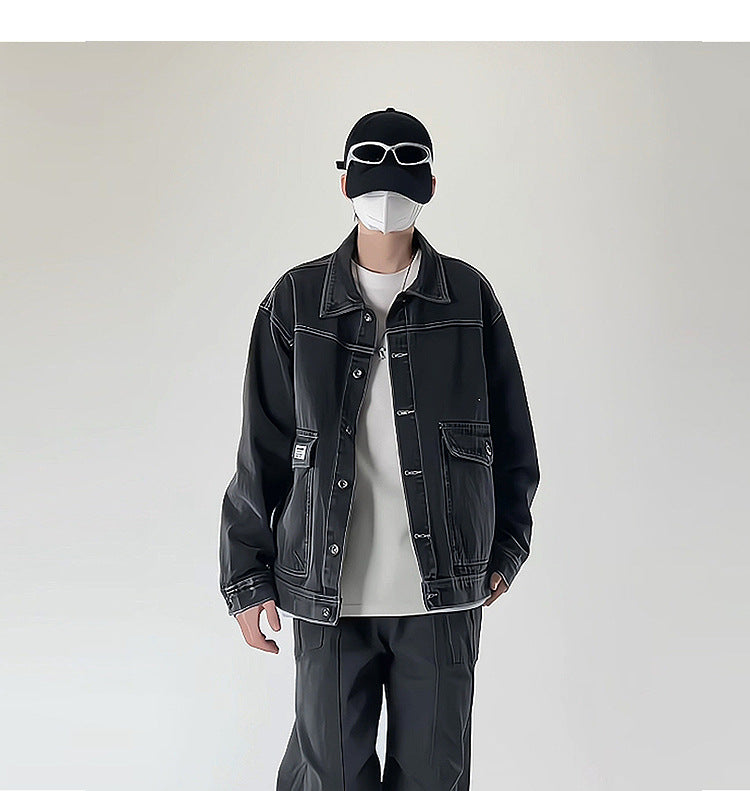 American street fashion trend simple washed denim jacket for men and women retro casual.