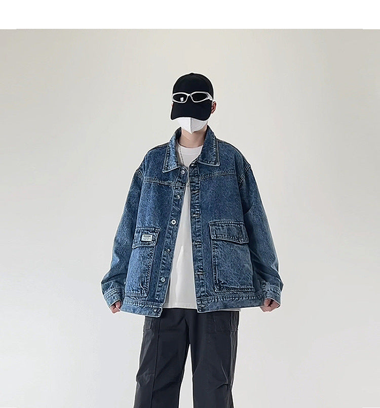 American street fashion trend simple washed denim jacket for men and women retro casual.