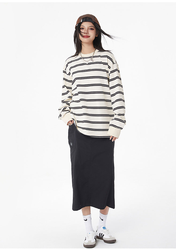 Black and White Striped Long Sleeve T-Shirt Trendy Simple Fashion Base Layer for Couples Loose Top for Basic T Versatile 2025 Hot Style