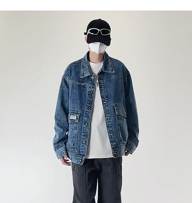 American street fashion trend simple washed denim jacket for men and women retro casual.