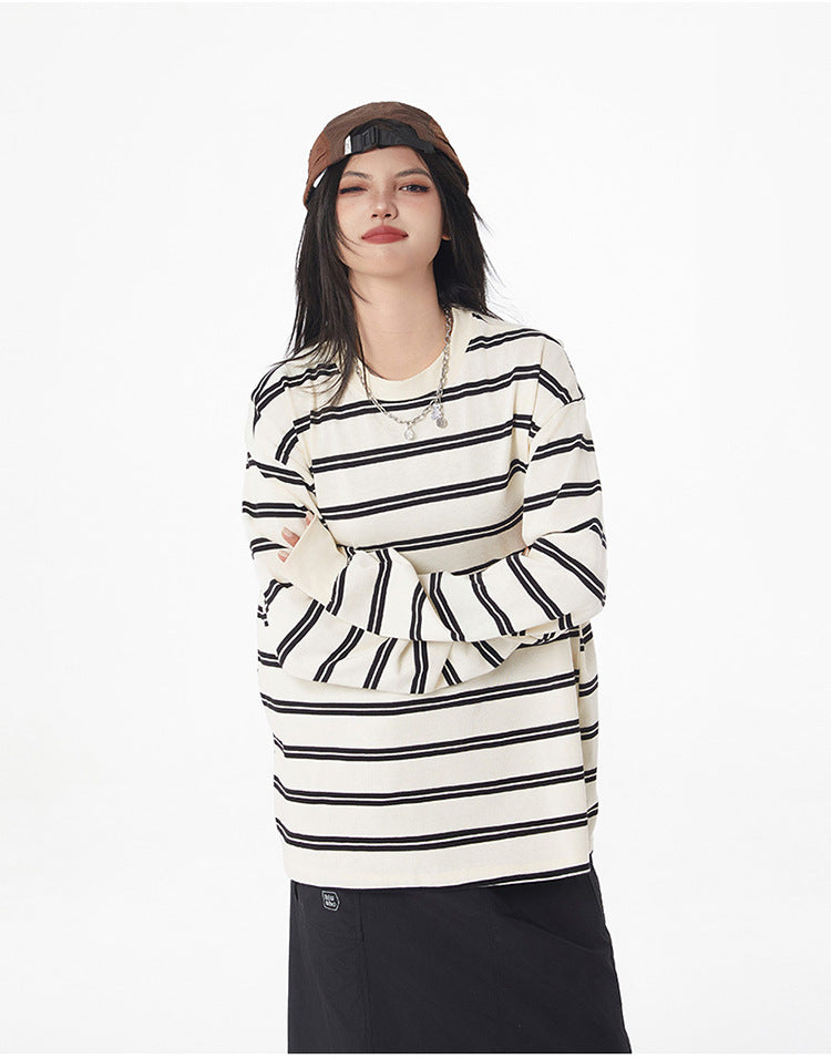 Black and White Striped Long Sleeve T-Shirt Trendy Simple Fashion Base Layer for Couples Loose Top for Basic T Versatile 2025 Hot Style
