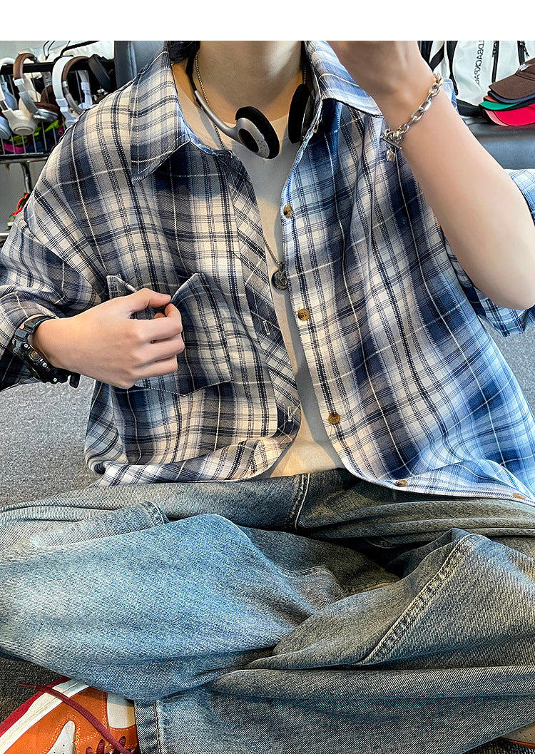 Retro Japanese-style printed short-sleeved plaid shirt for men and women; casual summer loose BF style color-blocking couple's blouse