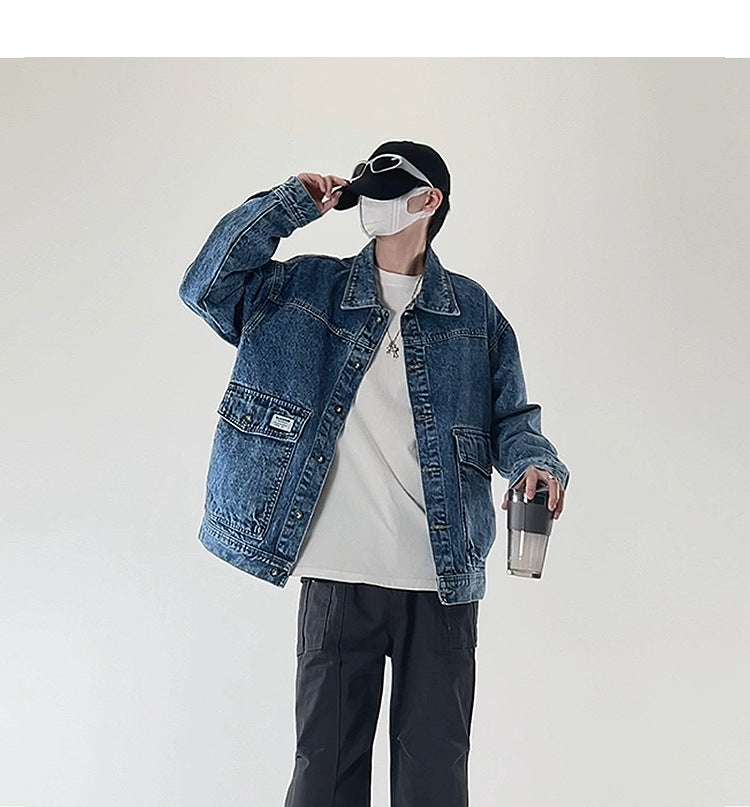 American street fashion trend simple washed denim jacket for men and women retro casual.