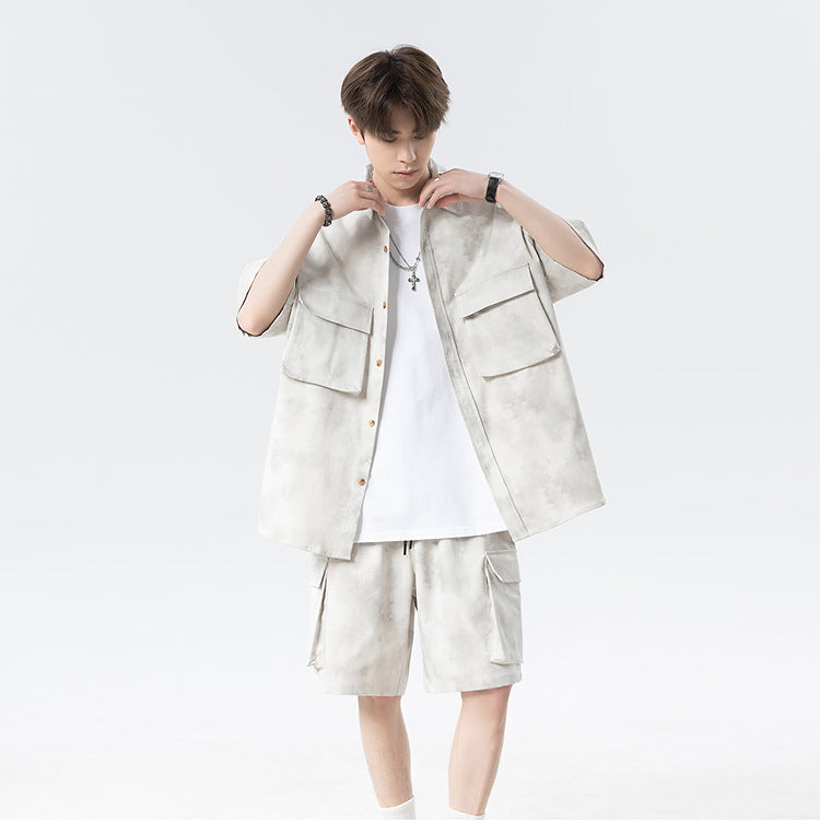 Shazha dye short-sleeved shirt with collar shorts two-piece suit for men, American retro loose casual plus size five-point shorts suit