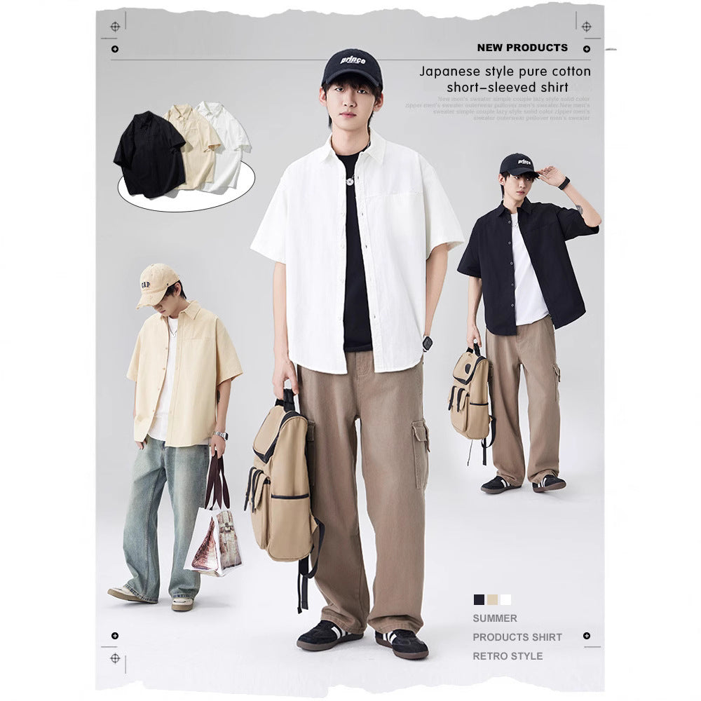 Japanese workwear short-sleeved shirt for men, pure cotton loose mountain style outdoor casual shirt for summer