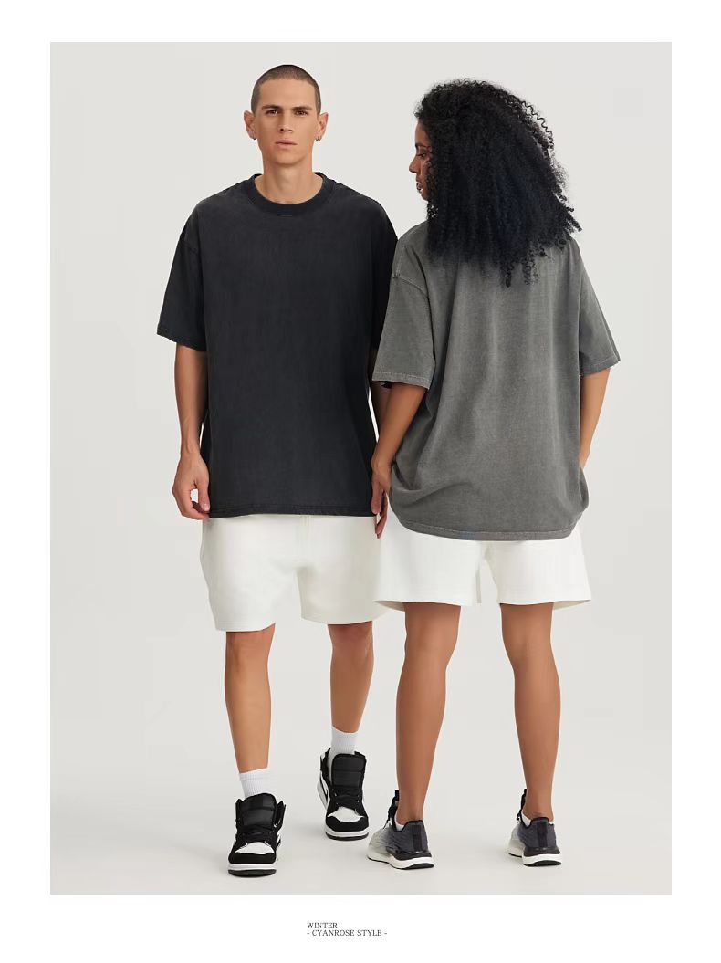 Crew Neck; 280g Heavyweight Dropped Shoulder Men's Short Sleeve Washed Loose Version 2025 New Hot Sale Street Fashion Student Couple Half Sleeve