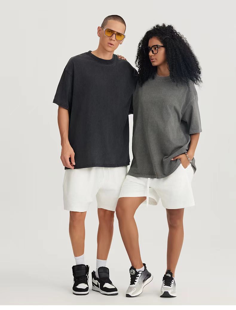 Crew Neck; 280g Heavyweight Dropped Shoulder Men's Short Sleeve Washed Loose Version 2025 New Hot Sale Street Fashion Student Couple Half Sleeve