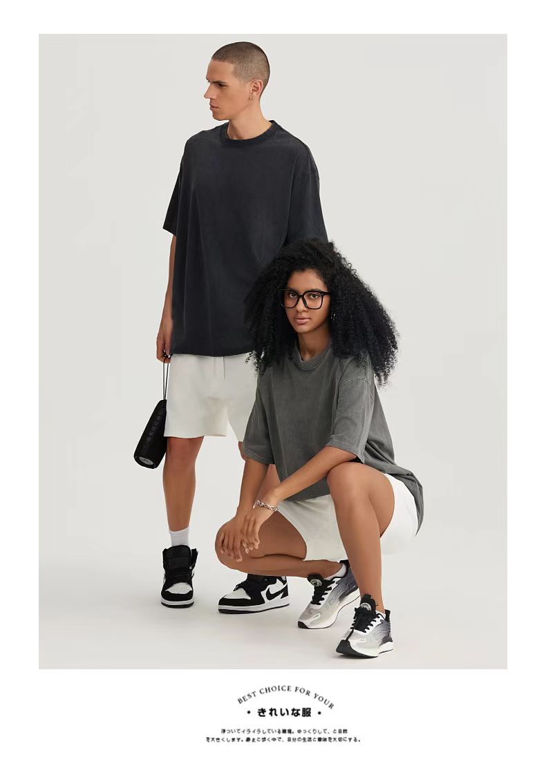 Crew Neck; 280g Heavyweight Dropped Shoulder Men's Short Sleeve Washed Loose Version 2025 New Hot Sale Street Fashion Student Couple Half Sleeve