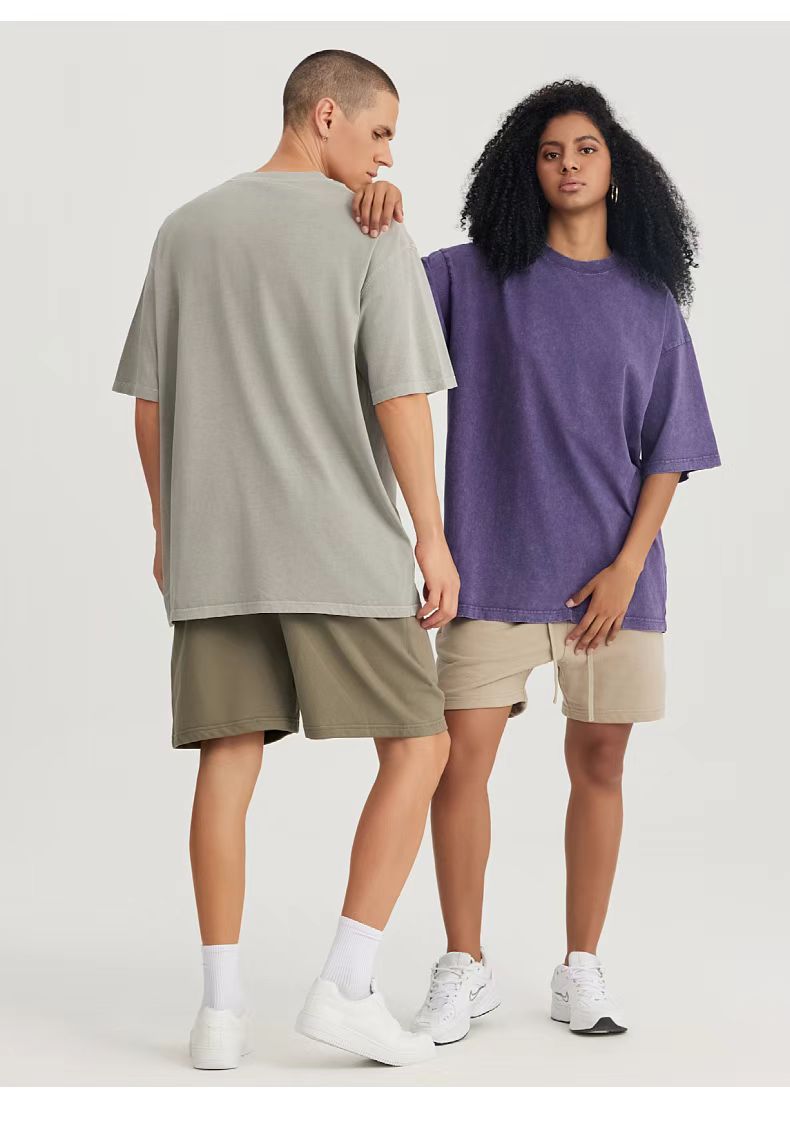 Crew Neck; 280g Heavyweight Dropped Shoulder Men's Short Sleeve Washed Loose Version 2025 New Hot Sale Street Fashion Student Couple Half Sleeve
