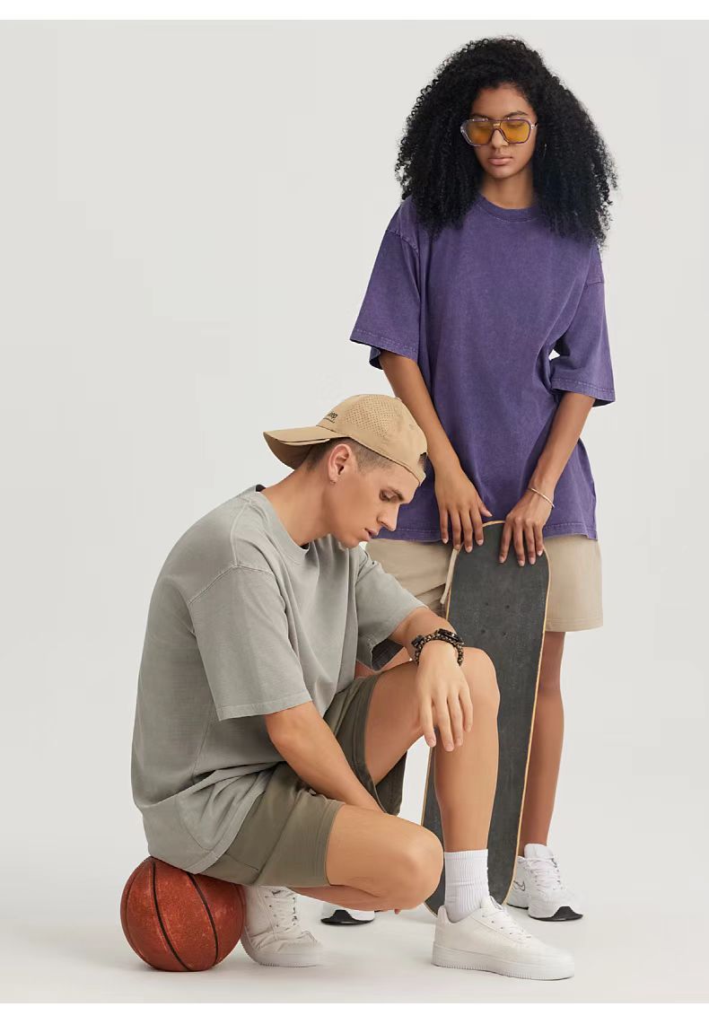 Crew Neck; 280g Heavyweight Dropped Shoulder Men's Short Sleeve Washed Loose Version 2025 New Hot Sale Street Fashion Student Couple Half Sleeve