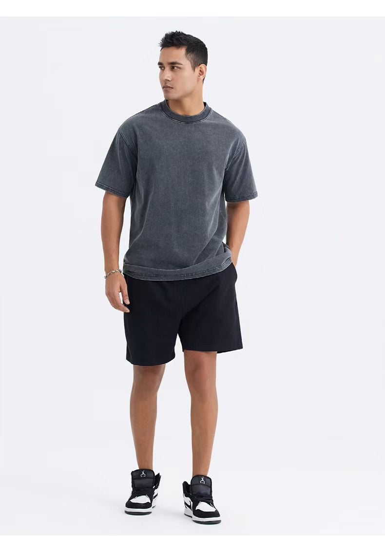 Crew Neck; 280g Heavyweight Dropped Shoulder Men's Short Sleeve Washed Loose Version 2025 New Hot Sale Street Fashion Student Couple Half Sleeve