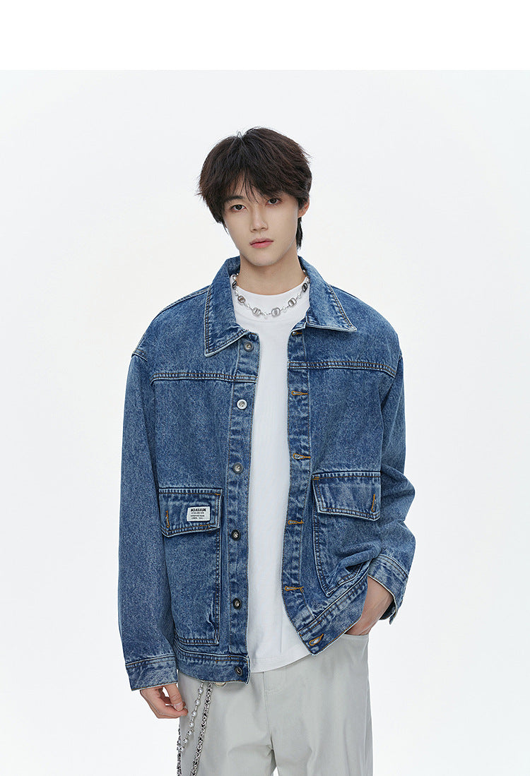 American street fashion trend simple washed denim jacket for men and women retro casual.