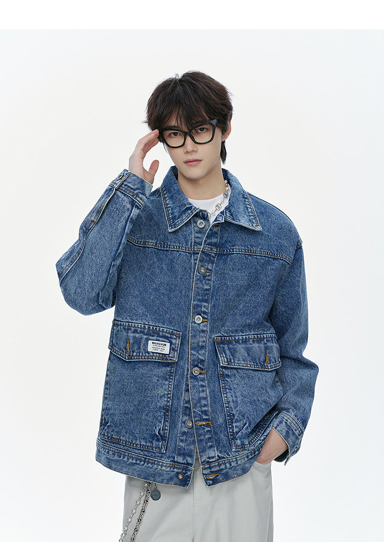 American street fashion trend simple washed denim jacket for men and women retro casual.
