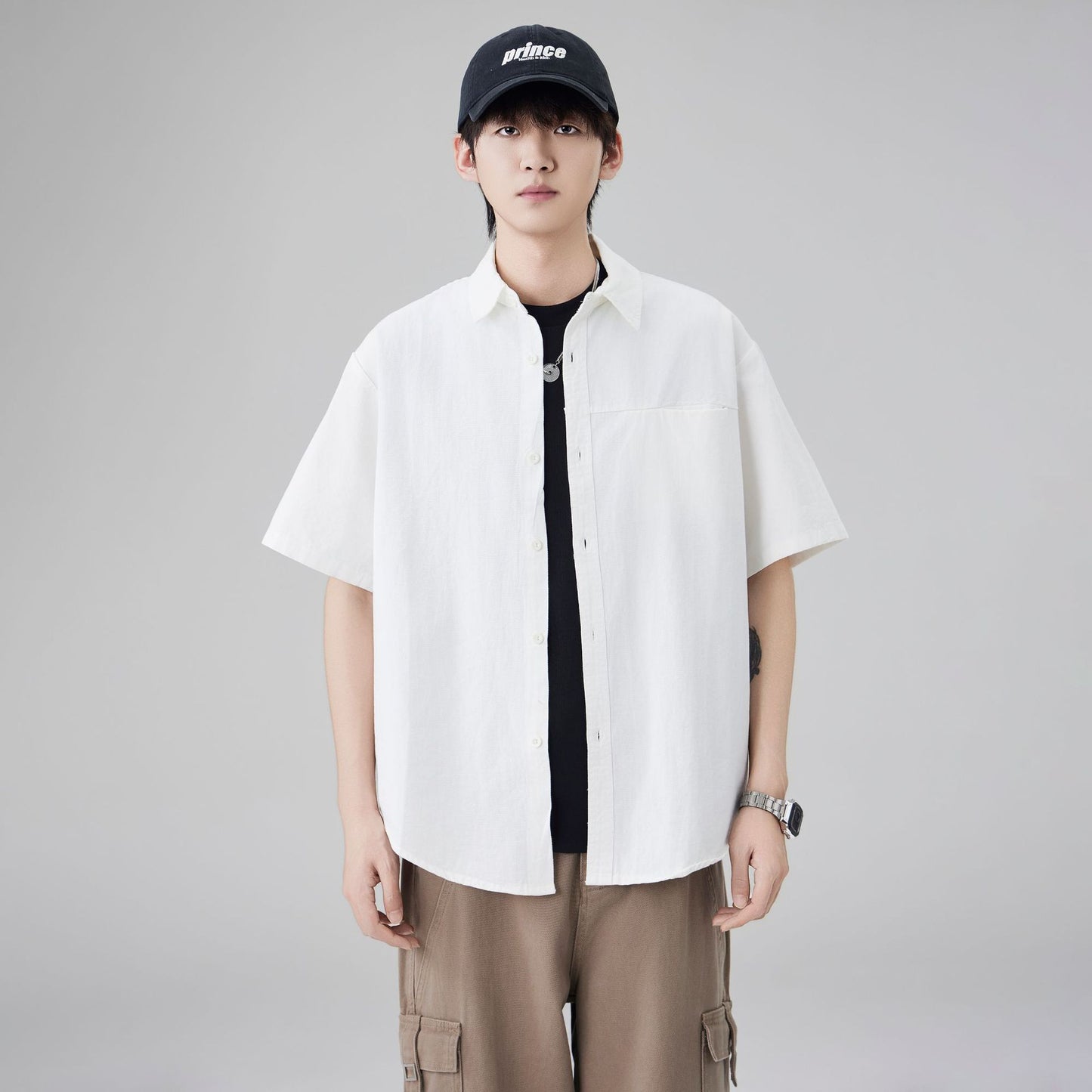 Japanese workwear short-sleeved shirt for men, pure cotton loose mountain style outdoor casual shirt for summer