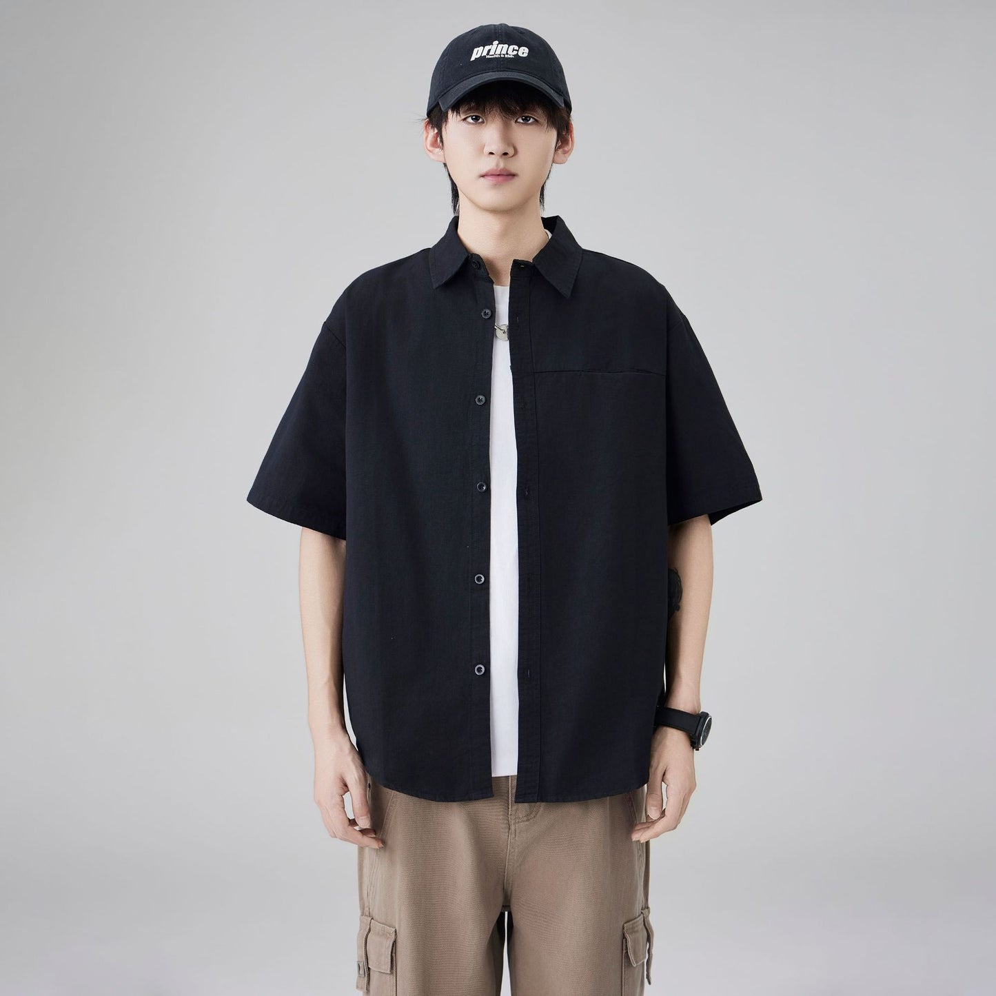 Japanese workwear short-sleeved shirt for men, pure cotton loose mountain style outdoor casual shirt for summer