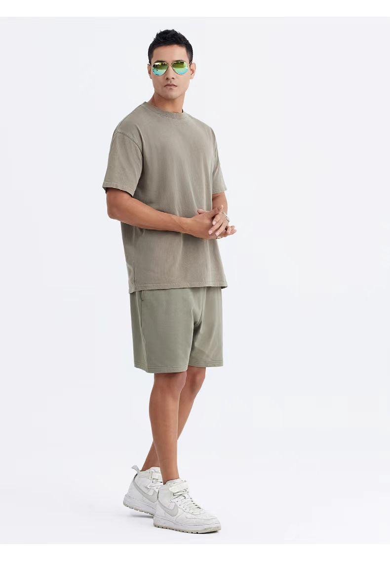 Crew Neck; 280g Heavyweight Dropped Shoulder Men's Short Sleeve Washed Loose Version 2025 New Hot Sale Street Fashion Student Couple Half Sleeve