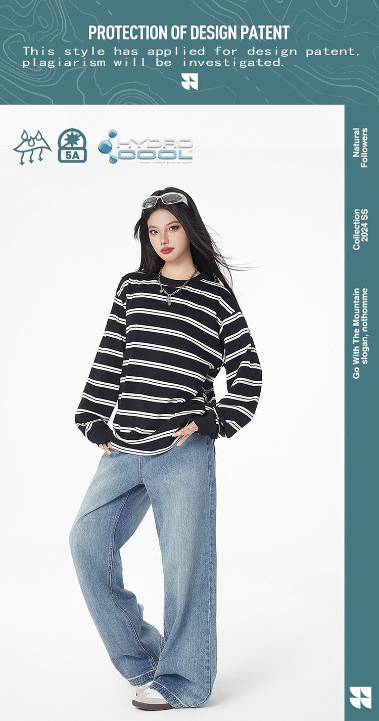 Black and White Striped Long Sleeve T-Shirt Trendy Simple Fashion Base Layer for Couples Loose Top for Basic T Versatile 2025 Hot Style