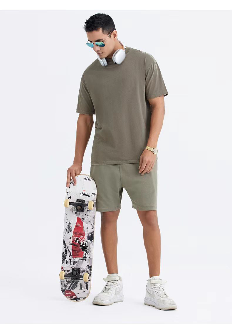 Crew Neck; 280g Heavyweight Dropped Shoulder Men's Short Sleeve Washed Loose Version 2025 New Hot Sale Street Fashion Student Couple Half Sleeve