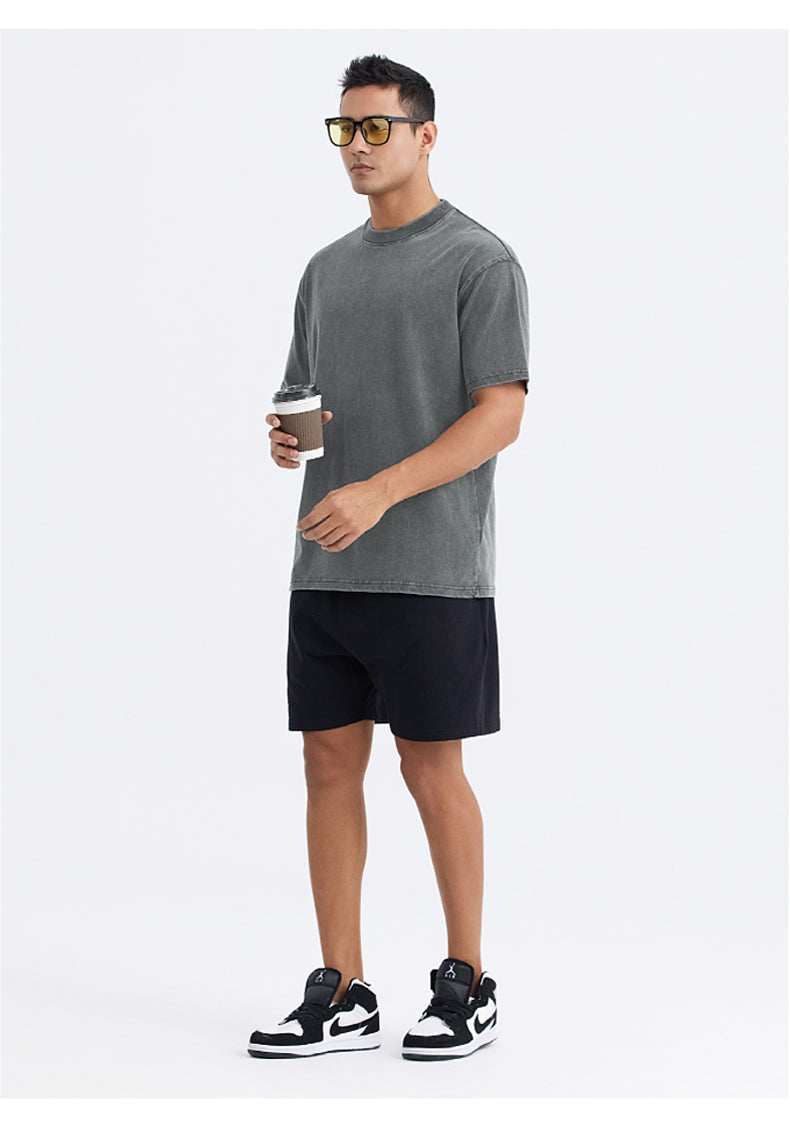 Crew Neck; 280g Heavyweight Dropped Shoulder Men's Short Sleeve Washed Loose Version 2025 New Hot Sale Street Fashion Student Couple Half Sleeve