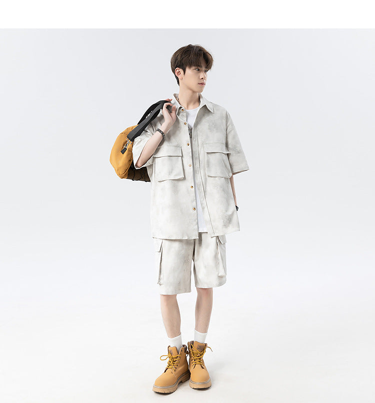 Shazha dye short-sleeved shirt with collar shorts two-piece suit for men, American retro loose casual plus size five-point shorts suit