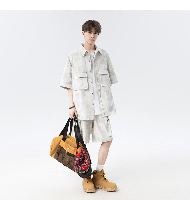 Shazha dye short-sleeved shirt with collar shorts two-piece suit for men, American retro loose casual plus size five-point shorts suit
