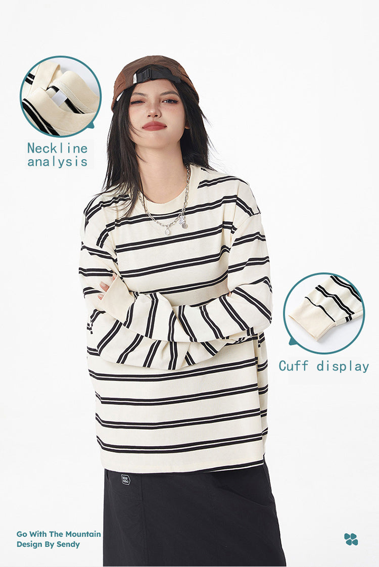 Black and White Striped Long Sleeve T-Shirt Trendy Simple Fashion Base Layer for Couples Loose Top for Basic T Versatile 2025 Hot Style