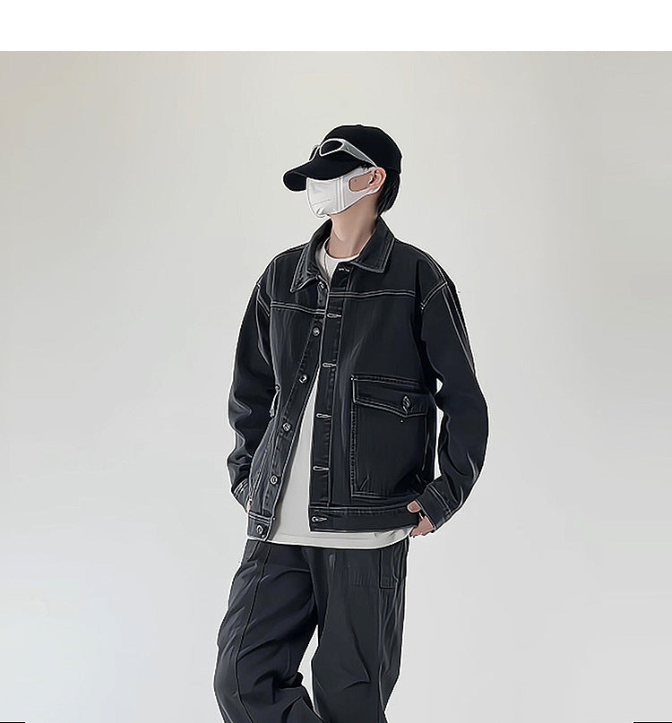 American street fashion trend simple washed denim jacket for men and women retro casual.