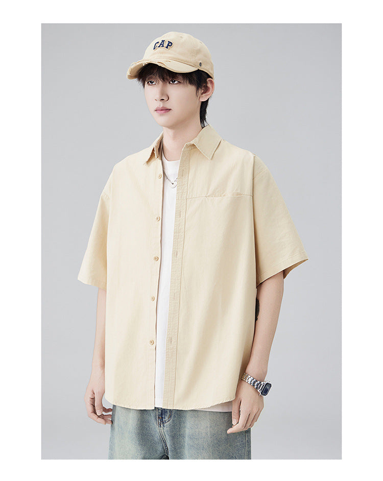 Japanese workwear short-sleeved shirt for men, pure cotton loose mountain style outdoor casual shirt for summer