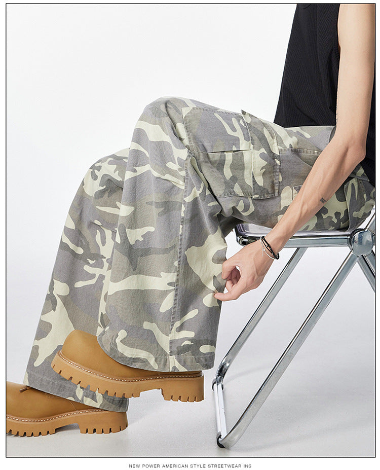 Men's American Vintage Camouflage Work Pants Pure Cotton High Street Hip Hop Loose Straight Leg Floor-Length Draped Casual Pants