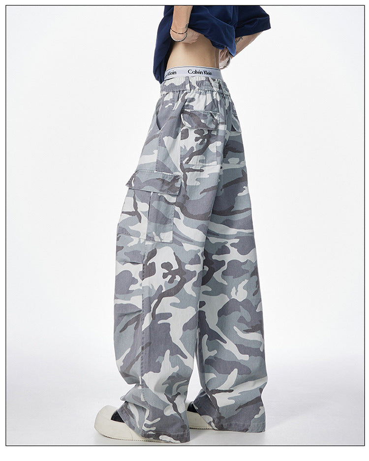 Men's American Vintage Camouflage Work Pants Pure Cotton High Street Hip Hop Loose Straight Leg Floor-Length Draped Casual Pants